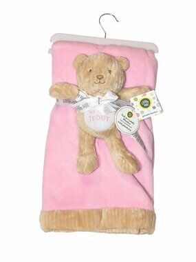 Little Me My First Teddy Ribbed Trim Pink Lovey Blanket Set 30" X 36" NEW